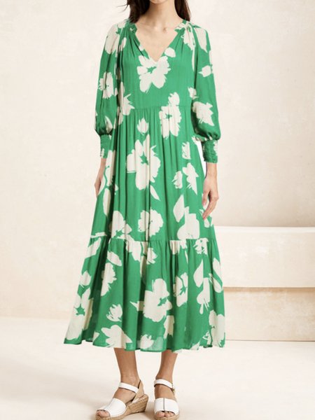 

Women Floral V Neck Long Sleeve Comfy Vacation Maxi Dress, Green, Dresses