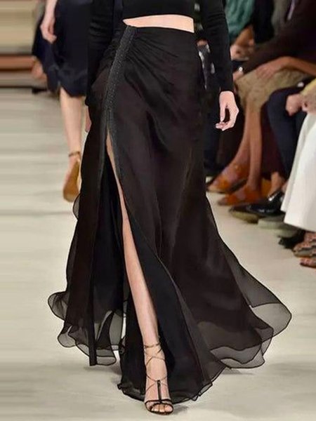 

Plain Regular Fit Elegant Maxi Skirt, Black, Skirts