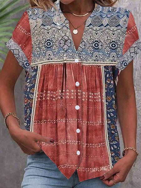 

Women Random Print Short Sleeve Shirt Summer Notched Daily Casual Top, Red, Blouses