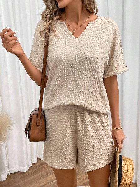 

Plain Casual V Neck Loose Two-Piece Set, Khaki, Suit Set