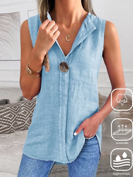 

V Neck Loose Casual Cotton And Linen Tank Top, Sky blue, Tank Tops & Camis