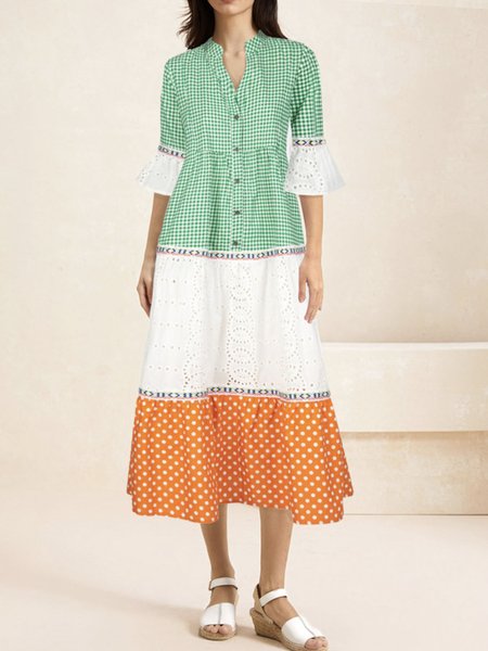

Women Polka Dots Shirt Collar Half Sleeve Comfy Vacation Lace Maxi Dress, Multicolor, Dresses