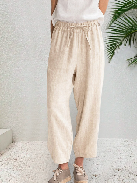 

Plain Loose Casual Linen Style Pants, Khaki, Pants