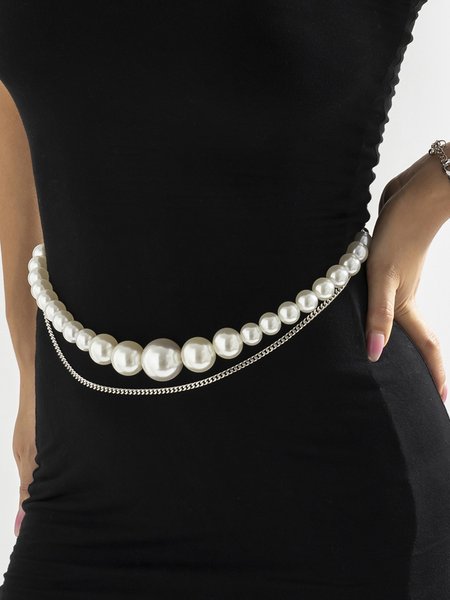 

Elegant Imitation Pearl Double-layered Waist Chain, Silver, Belts