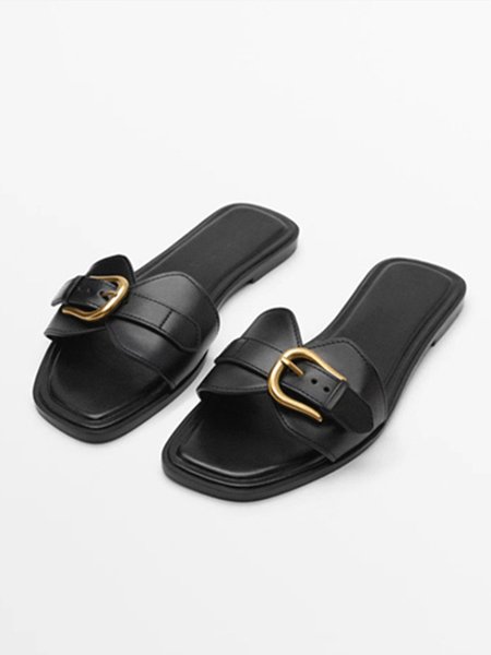 

Casual Buckle Square Toe Flat Heel Slide Sandals, Black, Sandals