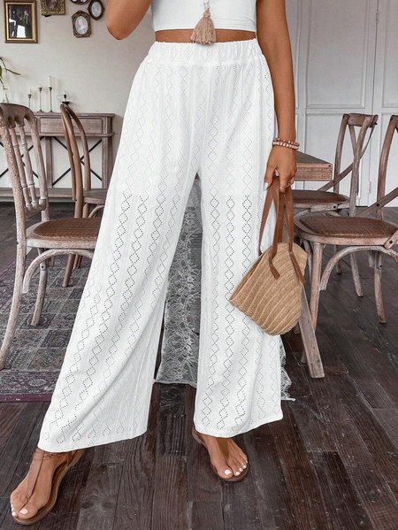 

Lace Casual Plain Loose Pants, White, Pants