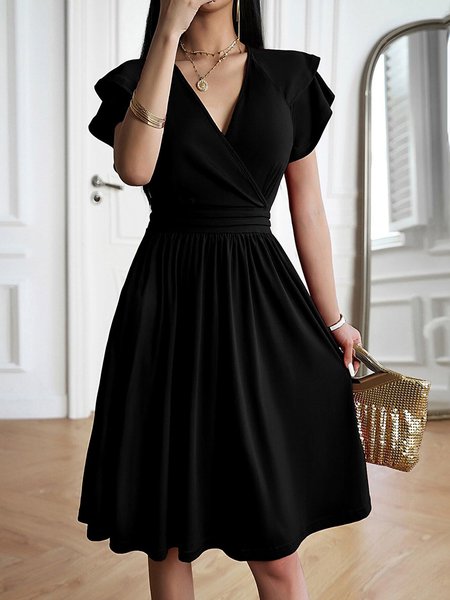 

Women Plain V Neck Half Sleeve Comfy Casual Midi Dress, Black, Dresses