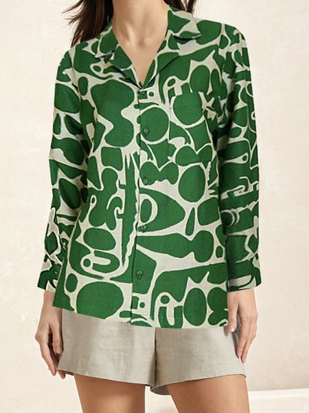

Shirt Collar Long Sleeve Abstract Regular Loose Blouse For Women, Green, Blouses