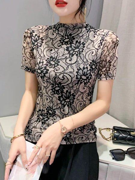 

Tight Urban Abstract Short Sleeve Half Turtleneck T-Shirt, Black, Tees