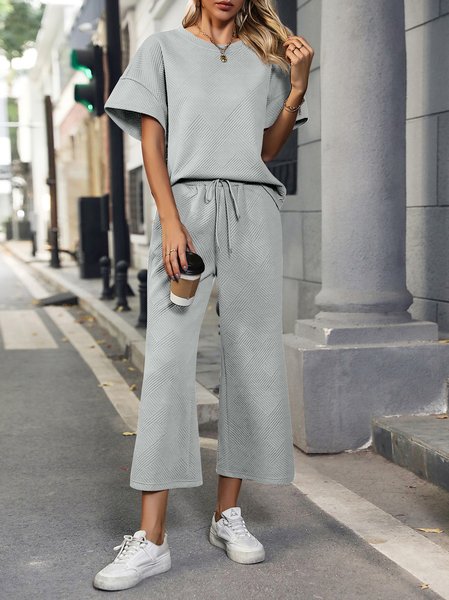 

Women Plain Crew Neck Short Sleeve Comfy Casual Top With Pants Two-Piece Set, Light gray, Sets