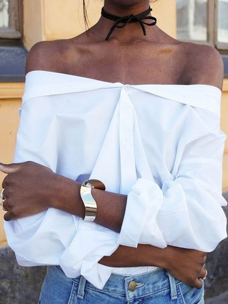 

Daily Long Sleeve Plain Urban Blouse, White, Blouses and Shirts