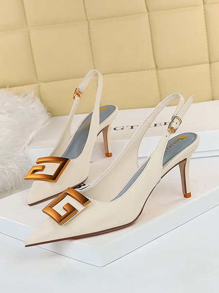 

Metal Letter Decor Stiletto Heel Slingback Pumps, Off white, Heels