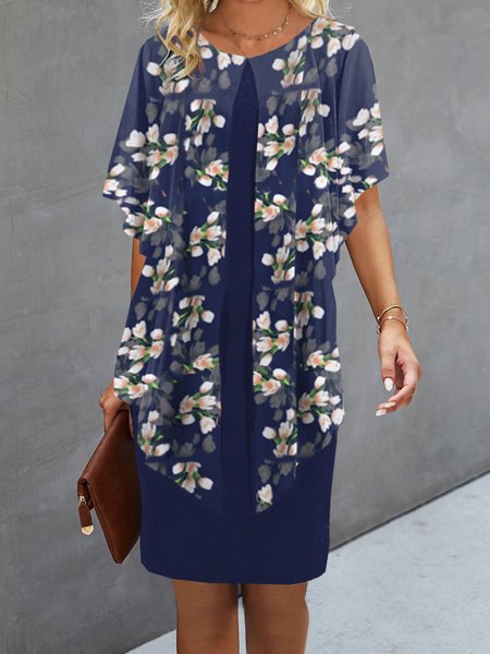

Women Floral Crew Neck Half Sleeve Comfy Casual Short Dress, Blue, Dresses
