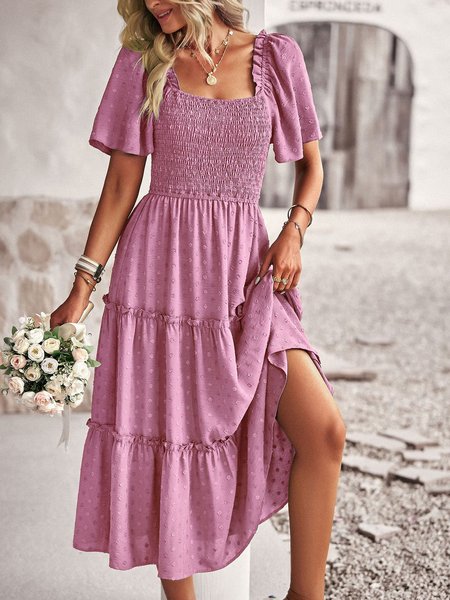 

Women Plain Square Neck Short Sleeve Comfy Casual Midi Dress, Purple, Dresses