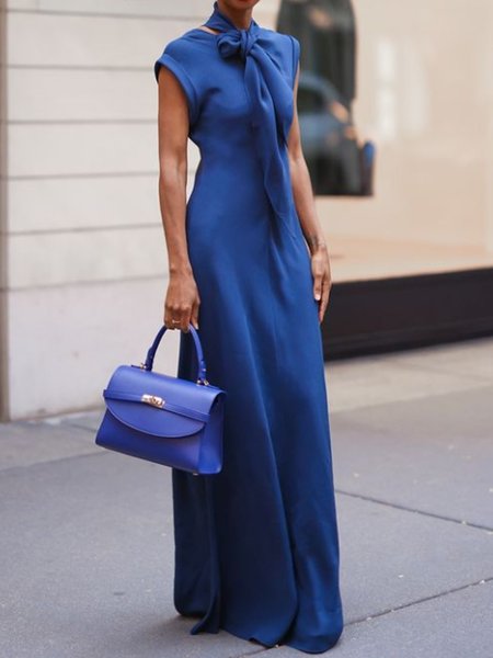 

Loose Urban Plain Crew Neck Dress, Blue, Maxi Dresses