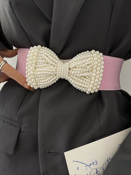 

Elegant Imitation Pearl Bowknot Waist Belt Dress Elastic Girdle, Pink, Belts