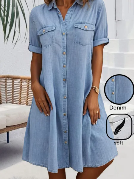 Summer Denim Dress Casual Cotton Buckle Loose Shirt Collar Shirt Dress, Blue, Dresses