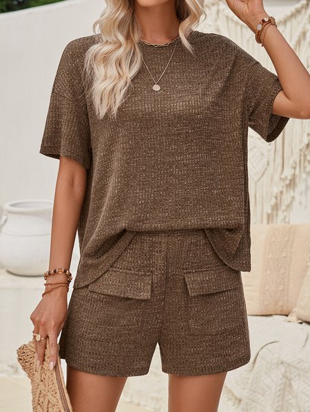 

Women Plain Shirt Collar Long Sleeve Comfy Casual Top With Pants Two-Piece Set, Coffee, Sets