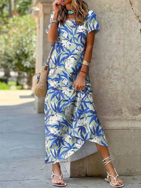 

Floral Casual Crew Neck Dress, Blue, Dresses