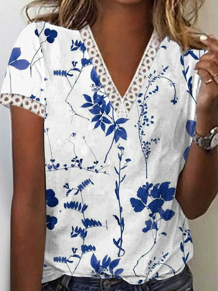 

Casual Floral Loose Lace Edge T-Shirt, Blue, T-Shirts