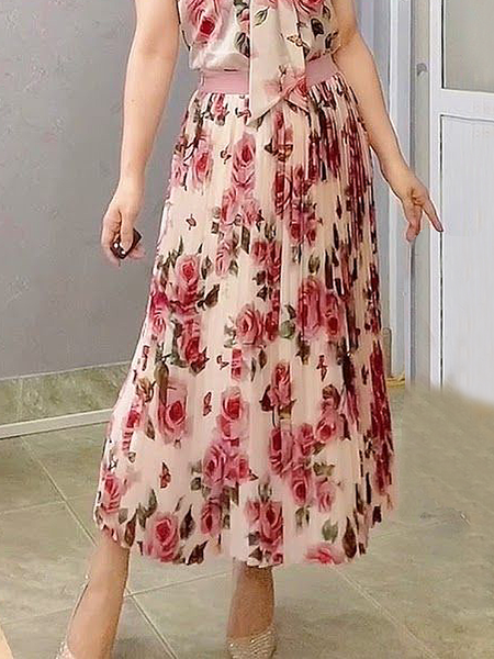 

Elegant Floral Loose Pleated Maxi Skirt, Pink, Skirts