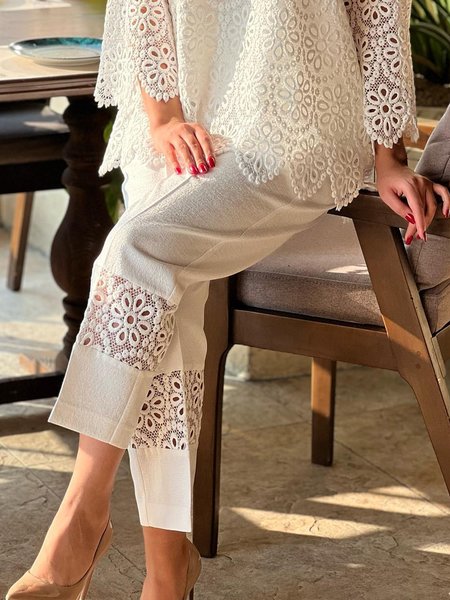 

Elegant Daily Plain Lace Edge Fashion Pants, White, Pants