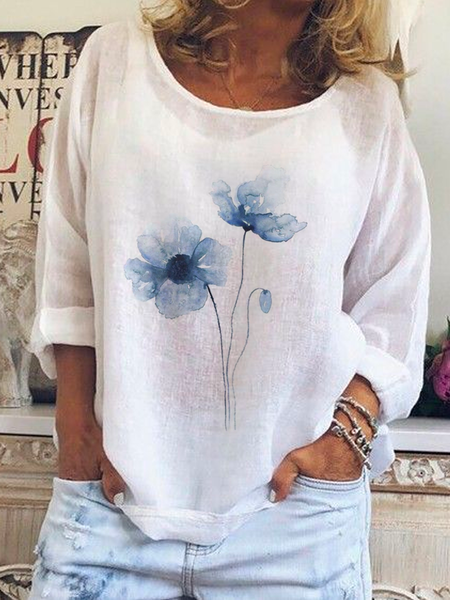 

Cotton-Blend Floral Simple Crew Neck Linen Style Shirt, White, Blouses & Shirts