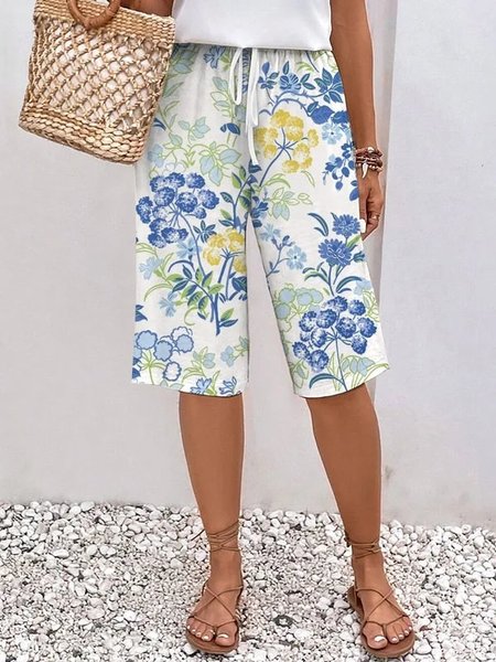 

Casual Loose Floral Pants, White-blue, Pants