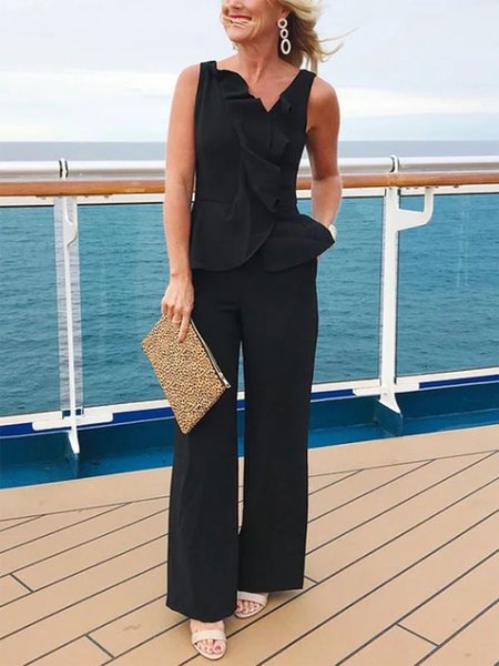 

Plain Flouncing Elegant Two-Piece Set, Black, Suit Set