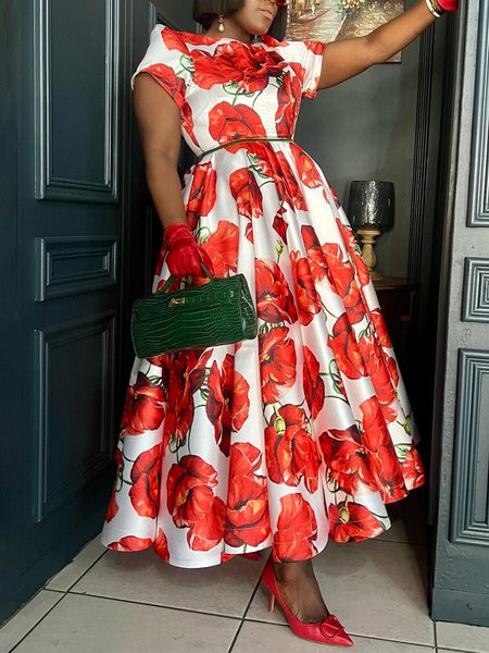 

Elegant Regular Fit Boat Neck Floral Maxi Dress With Belt, As picture, Maxi Dresses