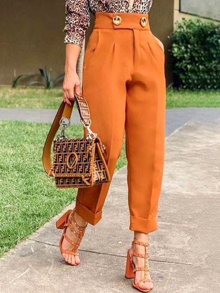

Buckle Plain Urban Loose Pants, Orange, Pants