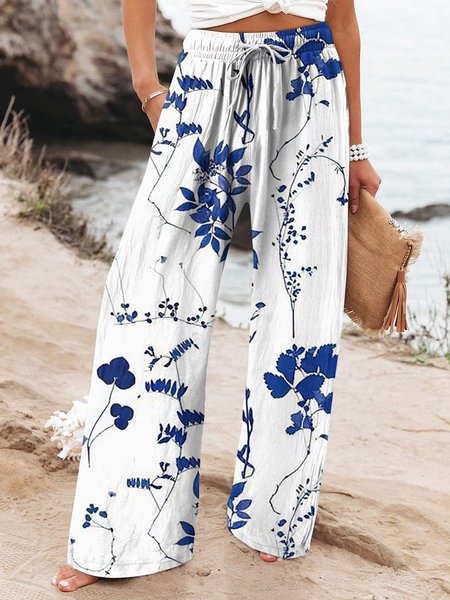 

Drawstring Loose Casual Floral Pants, Blue, Pants