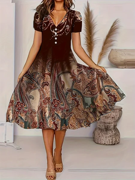 

V Neck Paisley Elegant Midi Dress, Brown, Dresses