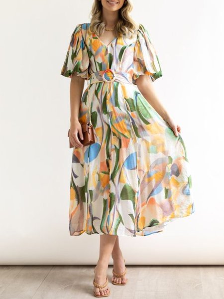 

V Neck Floral Vacation Buckle Dress, As picture, Midi Dresses