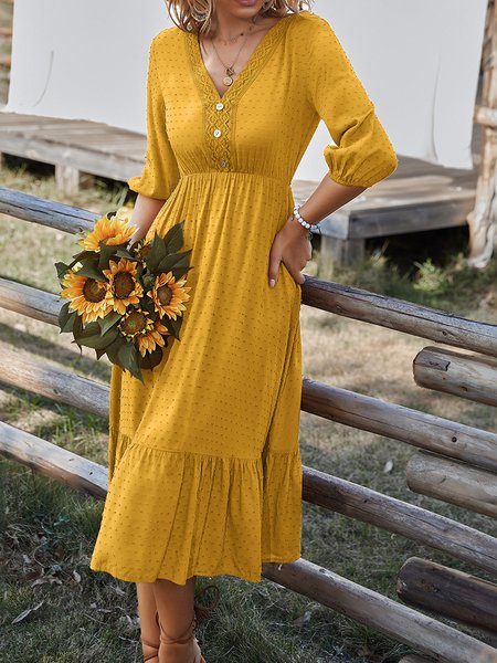 

Women Plain V Neck Three Quarter Sleeve Comfy Casual Buckle Midi Dress, Yellow, Dresses