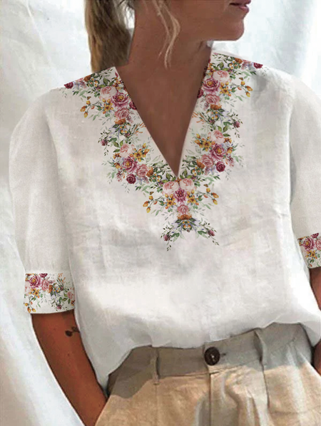 

Simple Floral Loose Linen Style Blouse, White, Blouses & Shirts