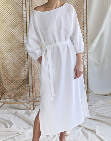 

Crew Neck Loose Plain Casual Linen Style Dress With Belt, White, Maxi Dresses