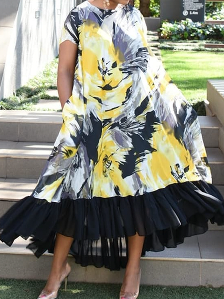 

Crew Neck Short Sleeve Elegant Loose Maxi Dress, As picture, Maxi Dresses