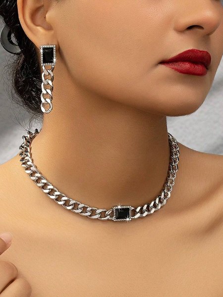 

2pcs/set Chain Necklace Rhinestone Dangle Earrings Punk Jewelry Set, Silver, Necklaces