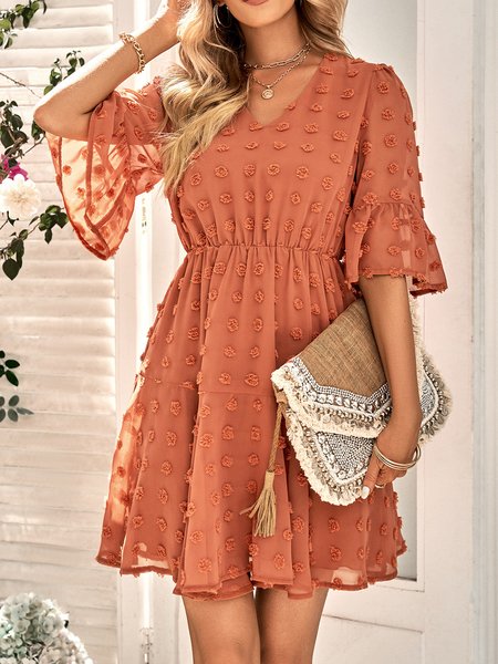 

Women Plain V Neck Half Sleeve Comfy Casual Mesh Short Dress, Orange, Dresses