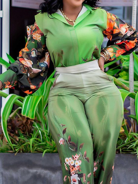 

Regular Fit Shirt Collar Long Sleeve Urban Floral Blouse, Green, Blouses and Shirts