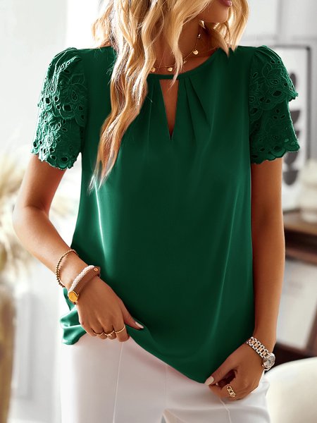 

Notched Short Sleeve Plain Hollow Out Regular Loose Shirt For Women, Darkgreen, Blouses