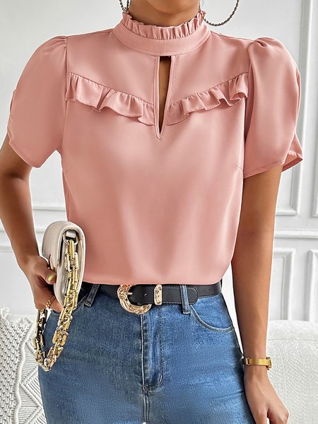 

Stand Collar Short Sleeve Plain Regular Loose Shirt For Women, Pink, Blouses