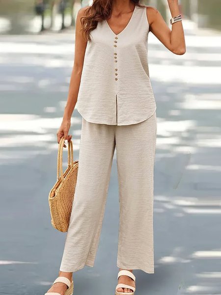 

Women Plain V Neck Sleeveless Comfy Casual Buckle Top With Pants Two-Piece Set, Apricot, Sets