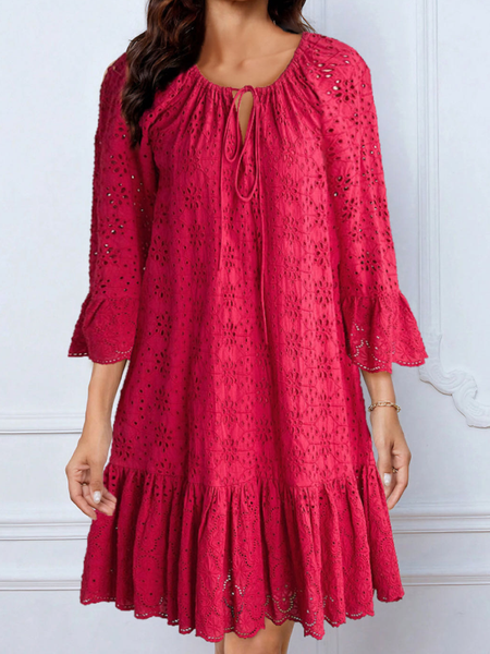 Women Plain V Neck Long Sleeve Comfy Casual Short Dress, Red, Dresses