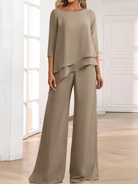 

Women Plain Crew Neck Three Quarter Sleeve Comfy Casual Top With Pants Two-Piece Set, Khaki, Sets