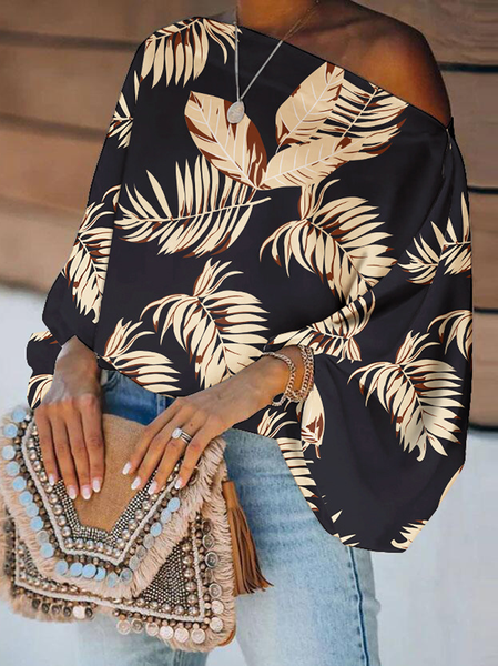 

One Shoulder Long Sleeve Leaf Regular Micro-Elasticity Loose Shirt For Women, Black, Blouses