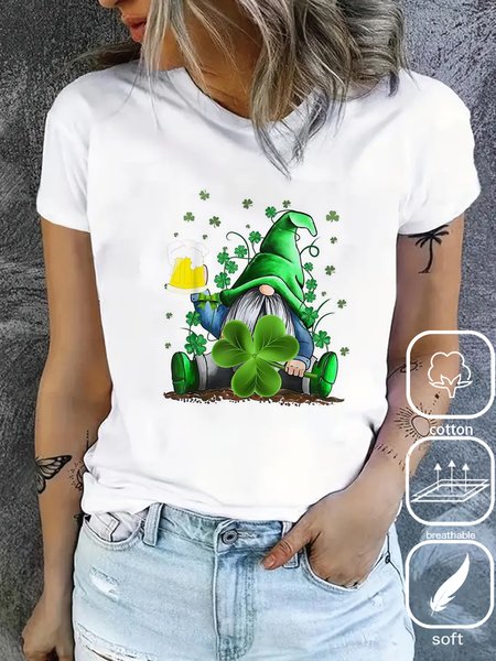 

Women's St. Patrick's Day Shamrock Short Sleeve Tee T-shirt Crew Neck Casual Summer Top, White, T-Shirts