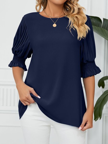 

Crew Neck Half Sleeve Plain Regular Loose Shirt For Women, Navyblue, Blouses