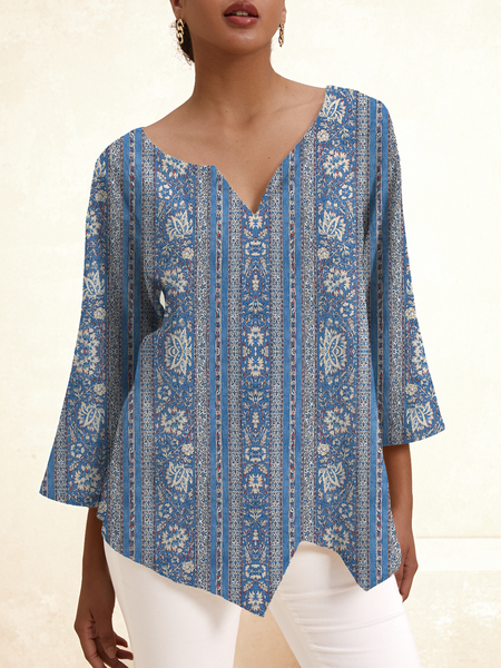 

V Neck Long Sleeve Ethnic Regular Loose Blouse For Women, Blue, Blouses